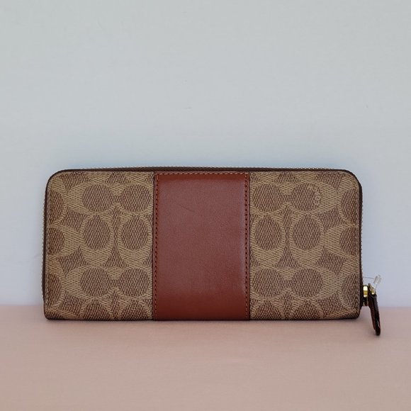 COACH Signature Logo Coated Canvas & Leather Slim Accordion Zip Wallet- Tan Rust - Picture 7 of 16